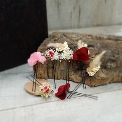 5 Horquillas Flor Rosa y Burdeos