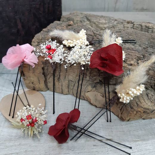 5 Horquillas Flor Rosa y Burdeos