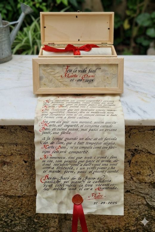 Caja con Pergamino y Dedicatoria Escrito a Mano y Flores