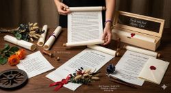 Caja de madera personalizada con pergamino escrito a mano A3