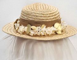 Canotier Ceremonia Flores, Blanca y Oro