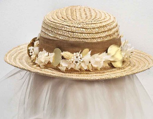 Canotier Ceremonia Flores, Blanca y Oro