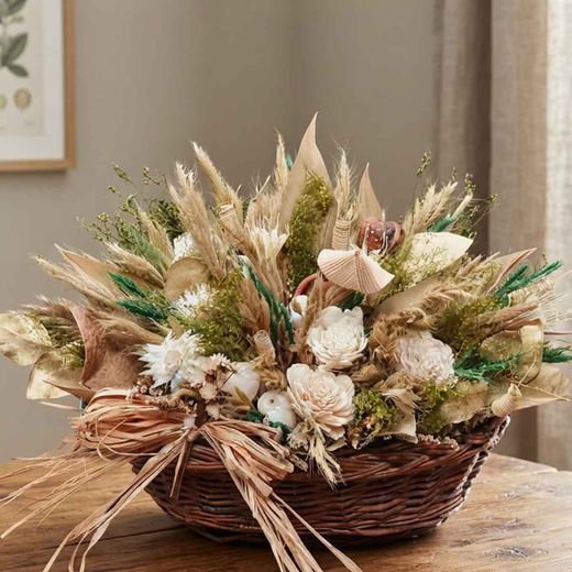 Cesta Rústica con Flores Secas Blancas
