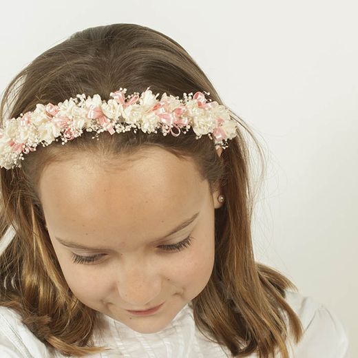 Diadema de Flores Salmón y Edelweiss