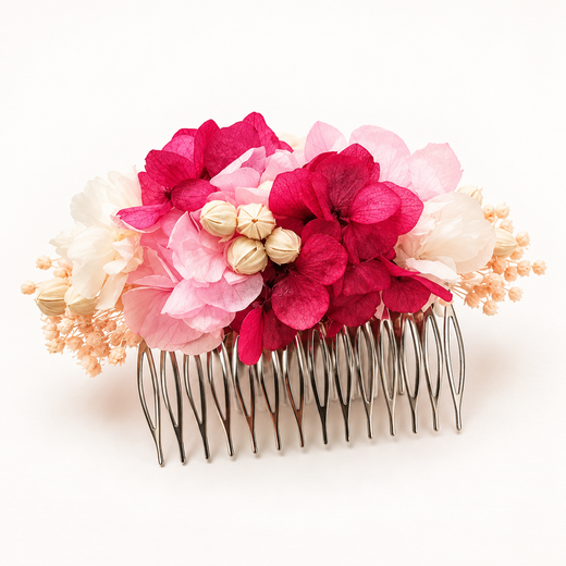 Peineta de Hortensia Coral con Flores Preservadas