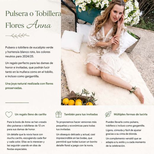 Pulsera o Tobillera de Flores Preservadas Anna## Pulsera o Tobillera de Flores Preservadas Anna  La Pulsera o Tobillera Anna es uno de esos complementos florales que sorprenden por su elegancia y versatilidad. Elaborada artesanalmente con hortensia preser